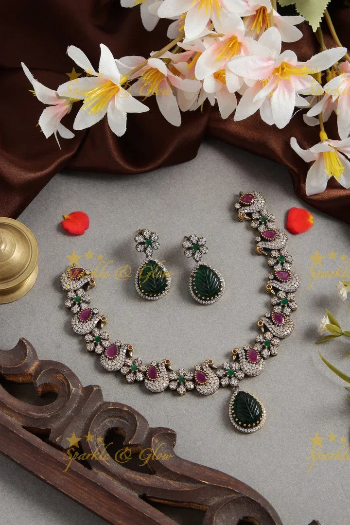 Statement peacock floral black finish Victorian AD choker - Mint green - Sparkle and Glow