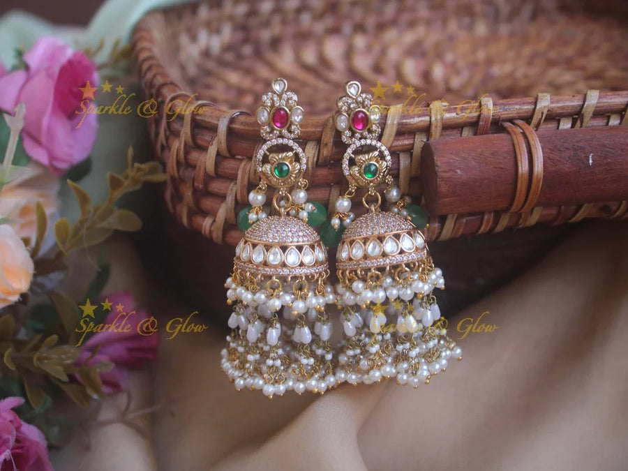 Beautiful multi colour victorian jhumukas with white beads - Sparkle and Glow