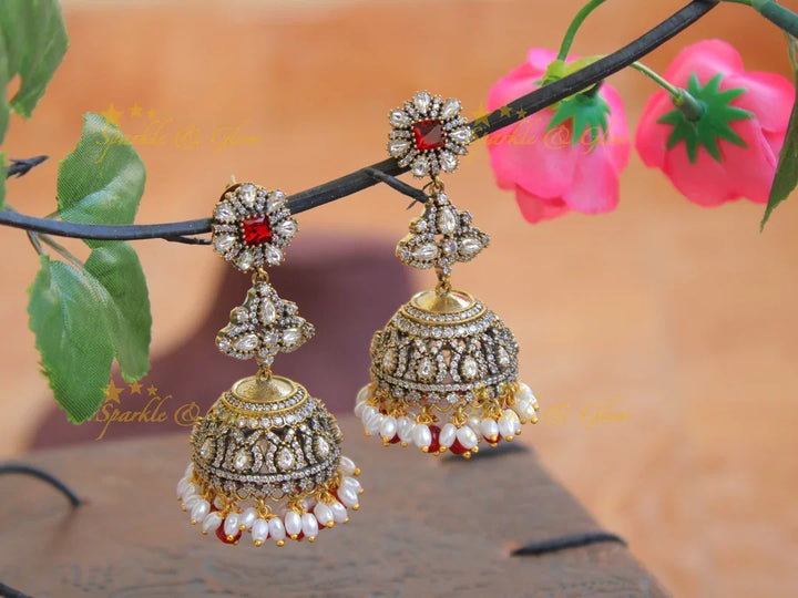 Floral design victorian jhumukas with red stone and red white beads - Sparkle and Glow