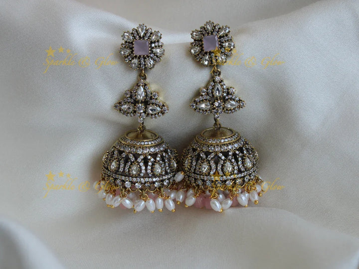 Floral design victorian jhumukas with red stone and red white beads - Sparkle and Glow