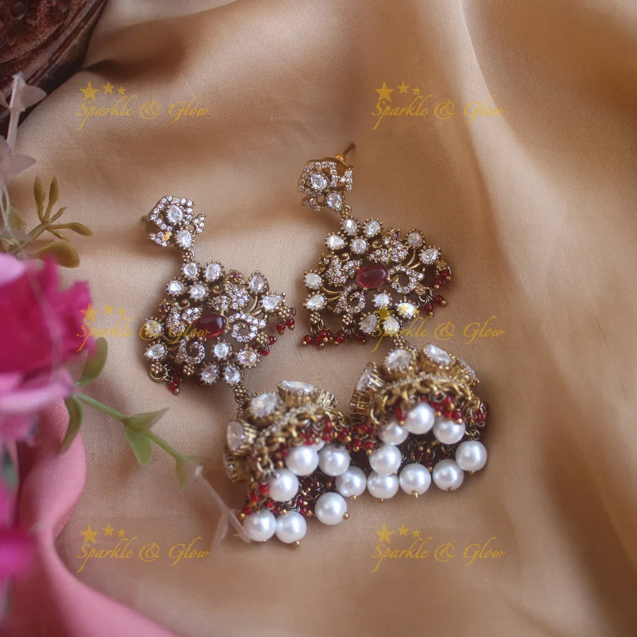 Statement peacock design victorian jhumukas with red beads and pearl - Sparkle and Glow