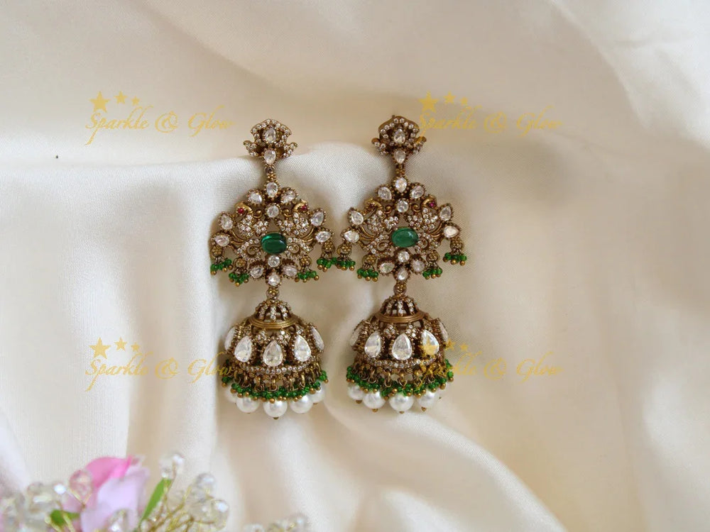 Statement peacock design victorian jhumukas with red beads and pearl - Sparkle and Glow
