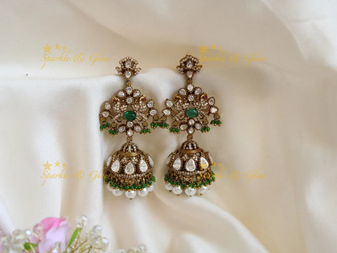 Statement peacock design victorian jhumukas with red beads and pearl - Sparkle and Glow