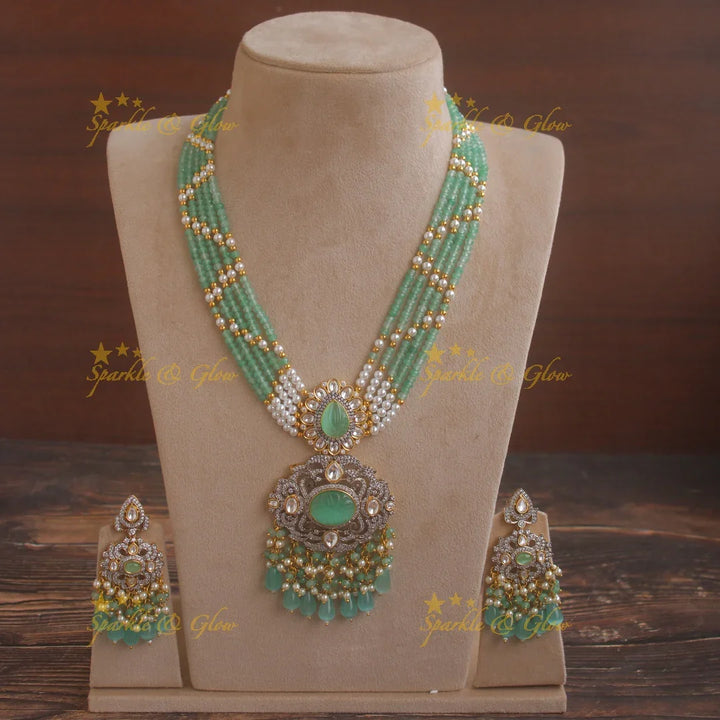 Statement floral pendent Victorian AD haram with multi layer pearl and mint green chain - Sparkle and Glow