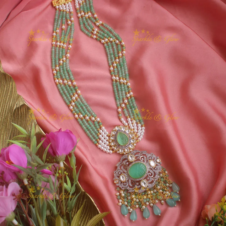 Statement floral pendent Victorian AD haram with multi layer pearl and mint green chain - Sparkle and Glow