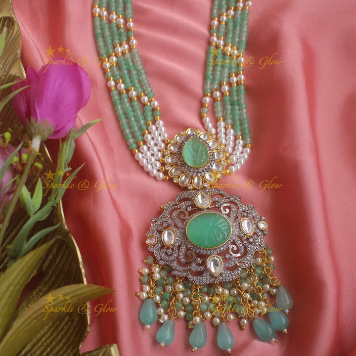 Statement floral pendent Victorian AD haram with multi layer pearl and mint green chain - Sparkle and Glow