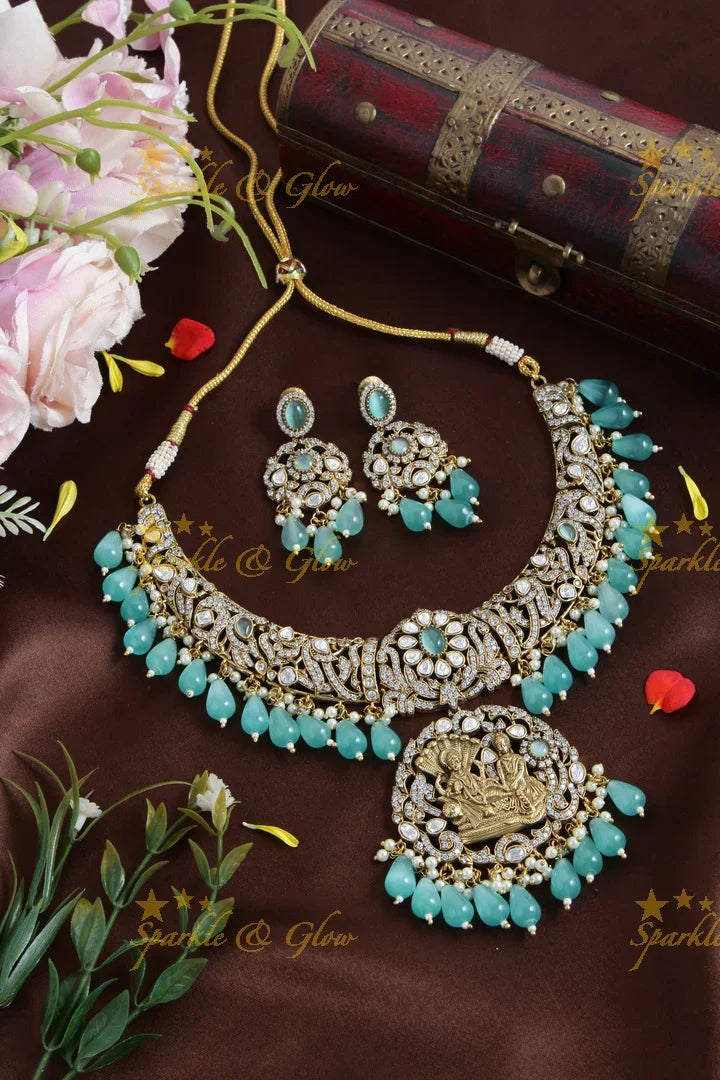 Gorgeous Lakshmi Narayan pendent Victorian AD short necklace with sea blue beads - Sparkle and Glow