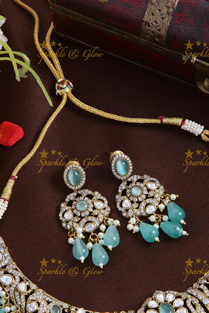 Gorgeous Lakshmi Narayan pendent Victorian AD short necklace with sea blue beads - Sparkle and Glow