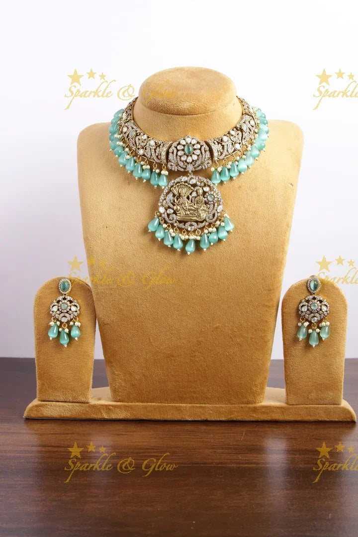 Gorgeous Lakshmi Narayan pendent Victorian AD short necklace with sea blue beads - Sparkle and Glow