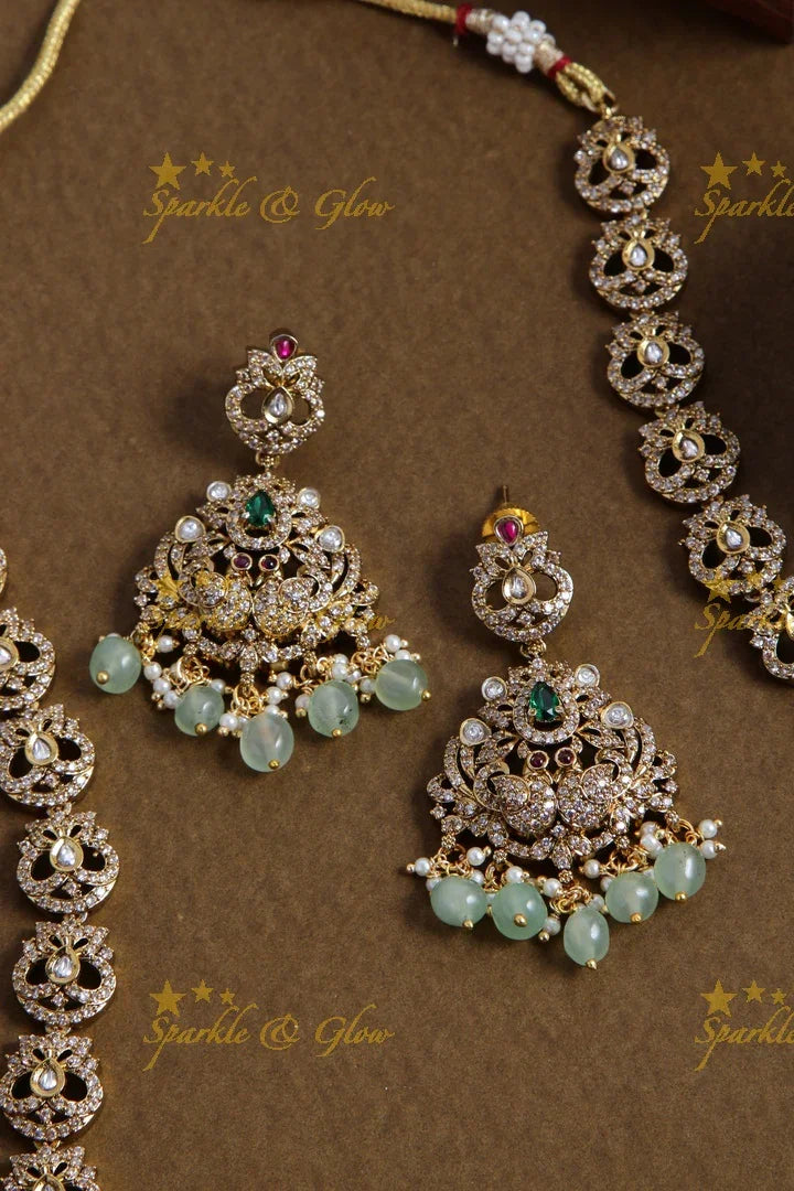 Exclusive Peacock design Victorian AD long necklace with pearls and mint green beads - Sparkle and Glow