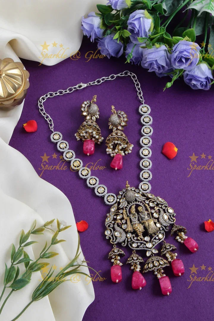 Statement Radha krishna pendent Victorian AD haram with pearls and red beads - Sparkle and Glow