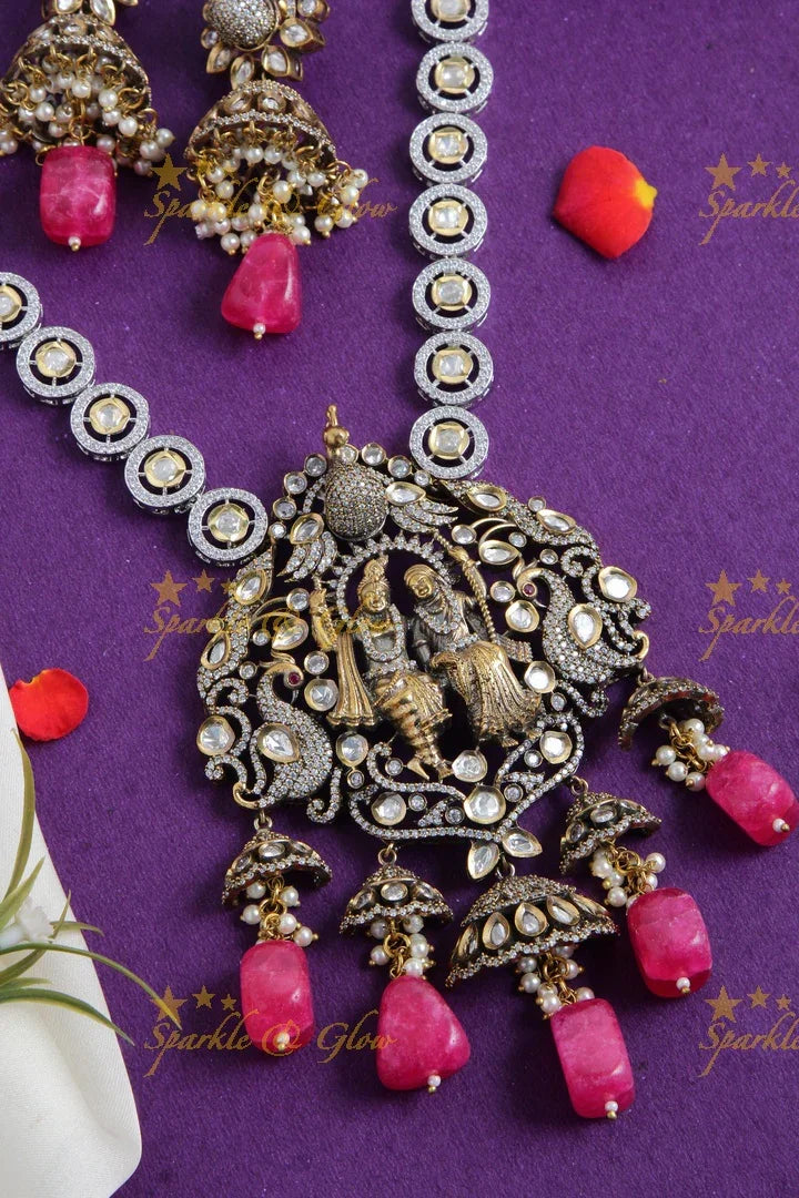 Statement Radha krishna pendent Victorian AD haram with pearls and red beads - Sparkle and Glow