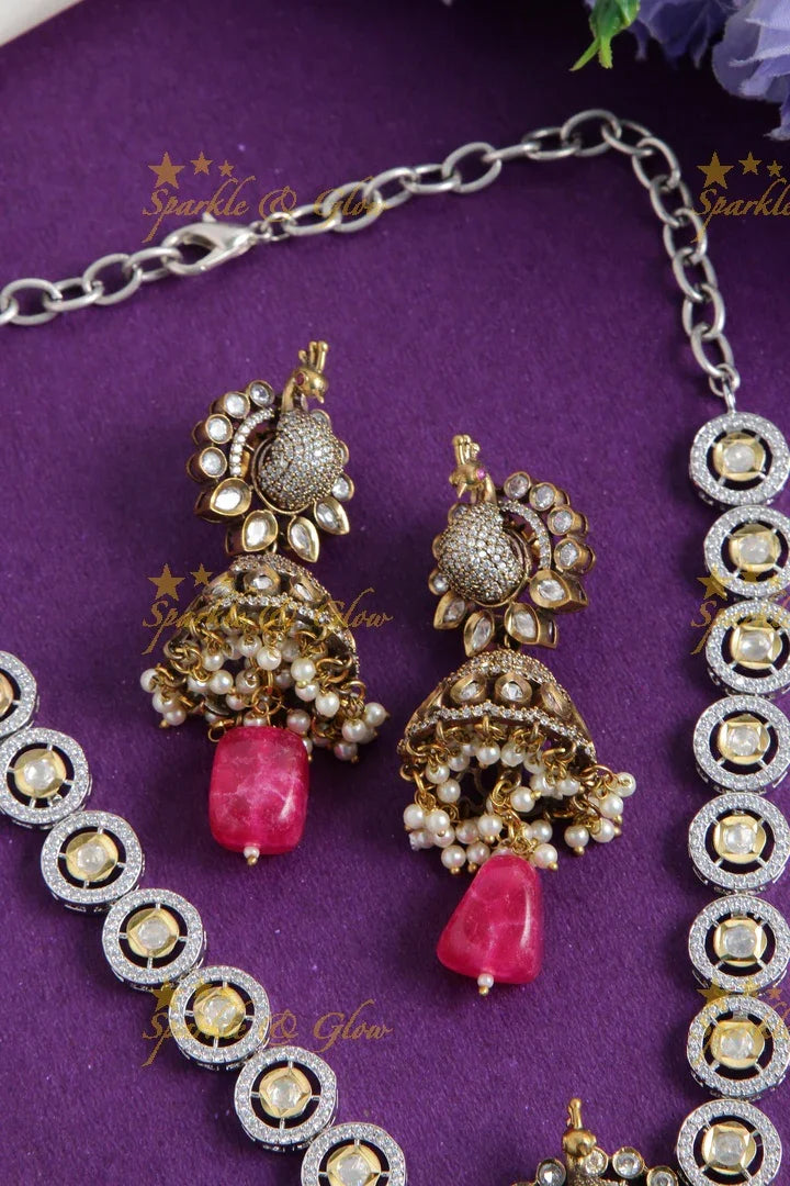 Statement Radha krishna pendent Victorian AD haram with pearls and red beads - Sparkle and Glow