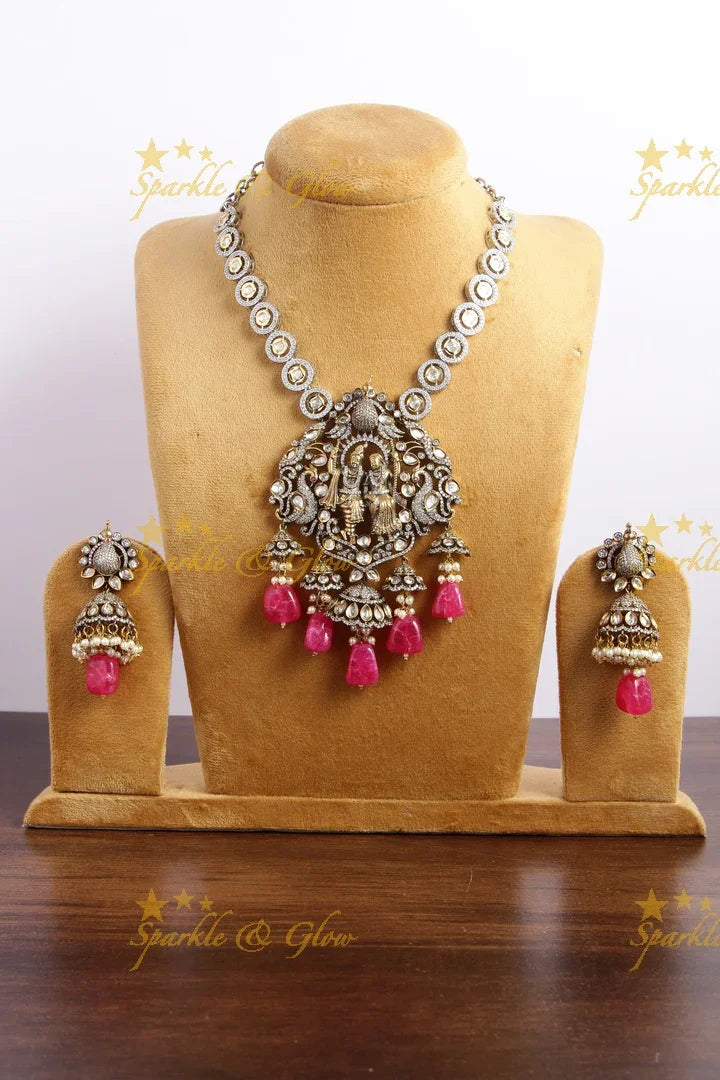 Statement Radha krishna pendent Victorian AD haram with pearls and red beads - Sparkle and Glow