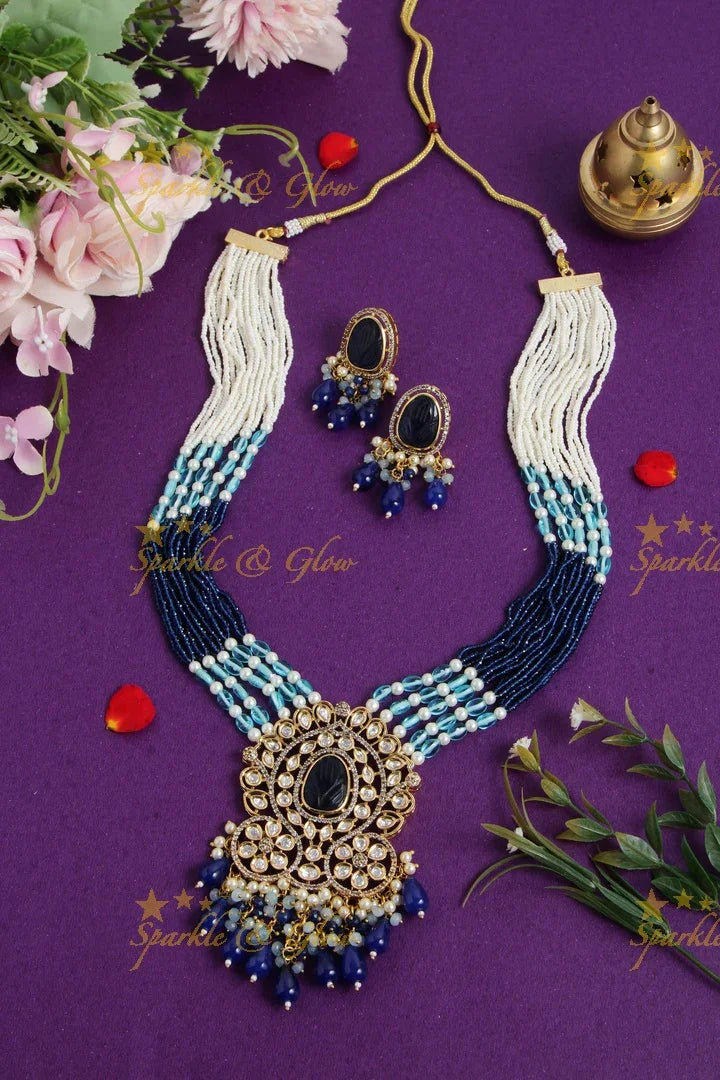 Elegant floral design pendent Victorian AD haram with multi layer pearl and blue beads chain - Sparkle and Glow