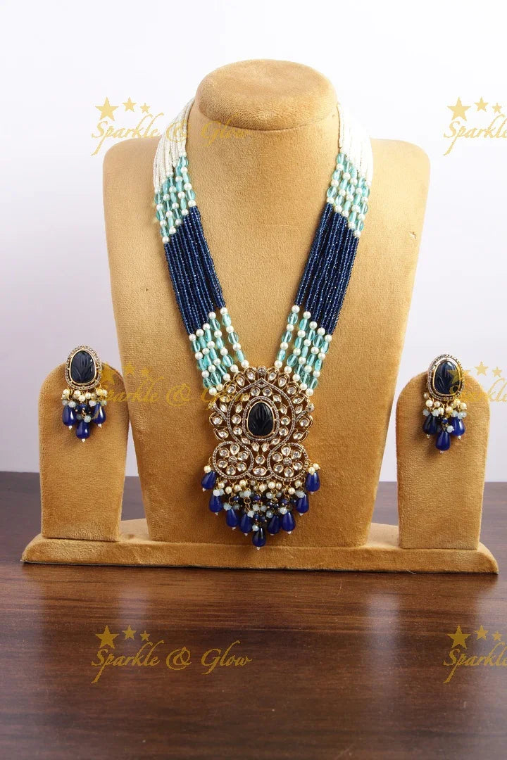 Elegant floral design pendent Victorian AD haram with multi layer pearl and blue beads chain - Sparkle and Glow