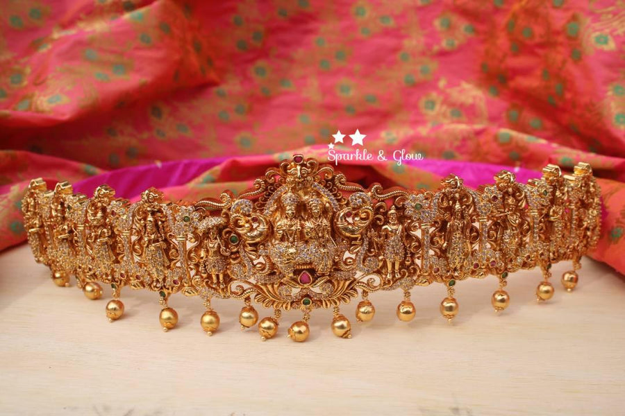 Gold alike polished Vishnu's Dashavathara carved hibbelt - Sparkle and Glow