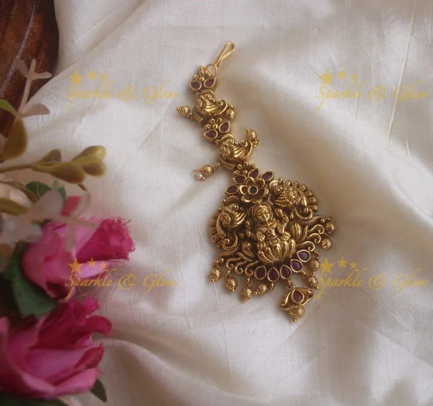 Gold alike Lakshmi peacock maang tikka with ruby and gold beads - Sparkle and Glow