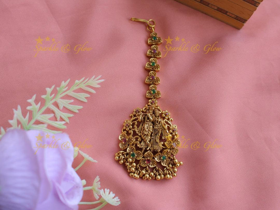 Radha krishna maang tikka with cz stones ruby emerald and gold beads - Sparkle and Glow