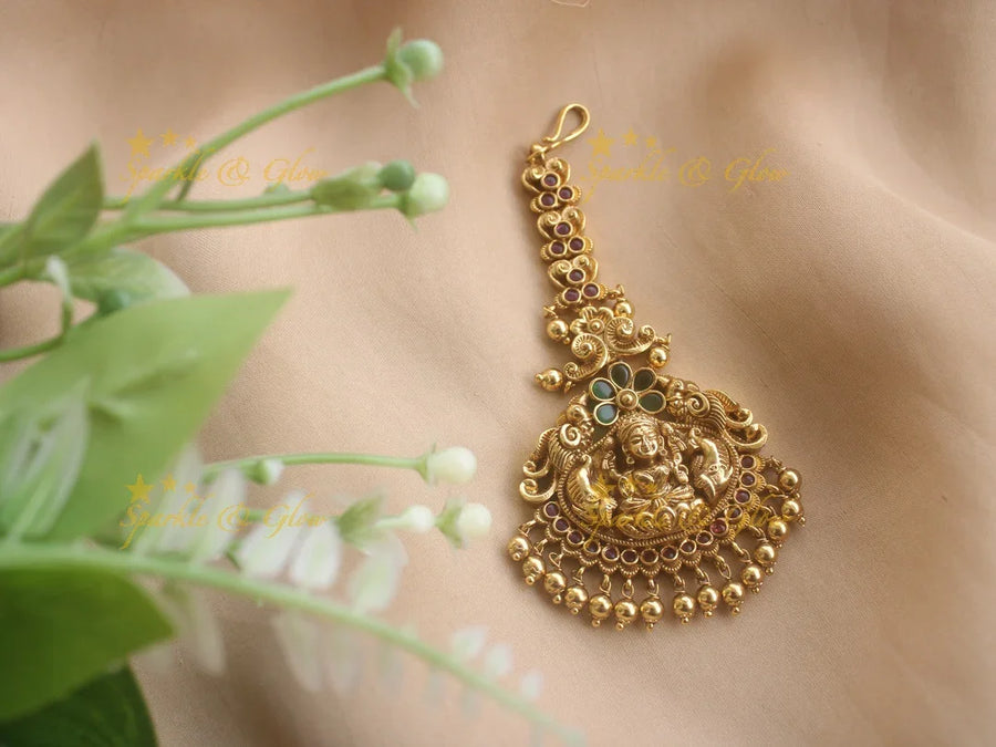 Lakshmi peacock maang tikka with ruby emerald and gold beads - Sparkle and Glow