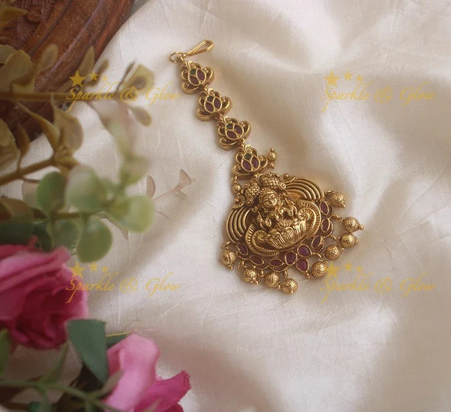 Lakshmi peacock maang tikka with ruby and gold beads - Sparkle and Glow