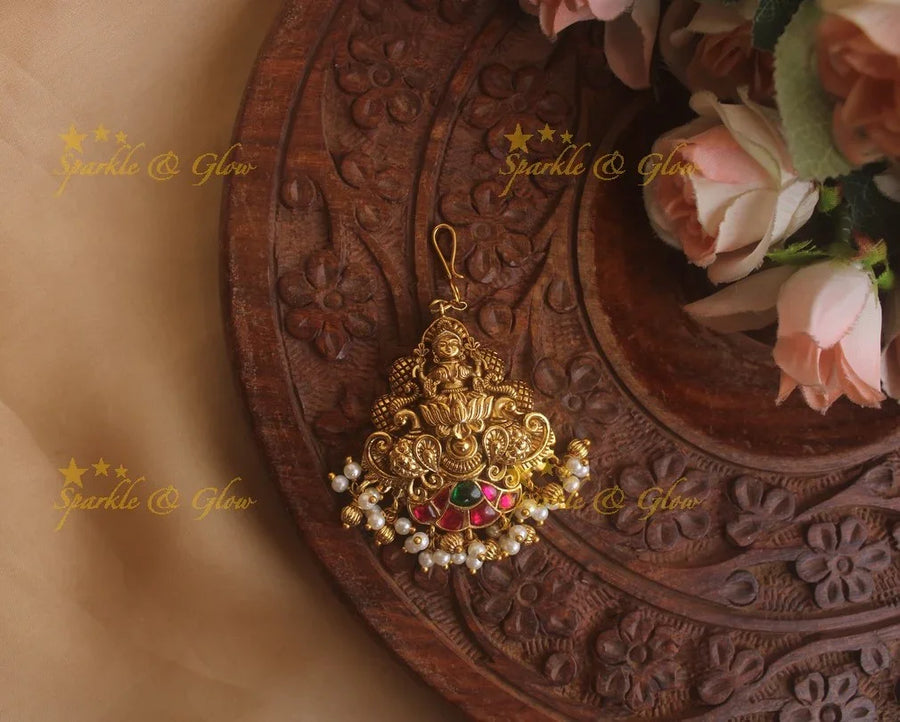 Lakshmi Peacock jadau maang tikka with pearls and gold beads - Sparkle and Glow