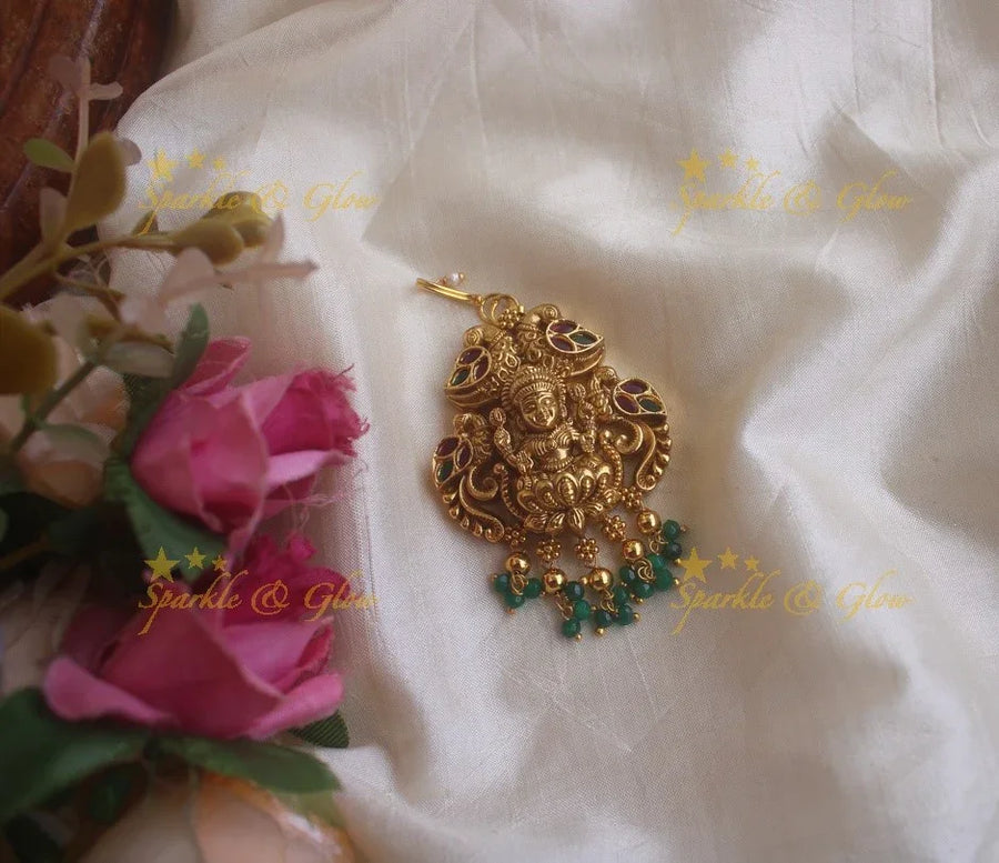 Gold alike Lakshmi peacock maang tikka with gold and green beads - Sparkle and Glow