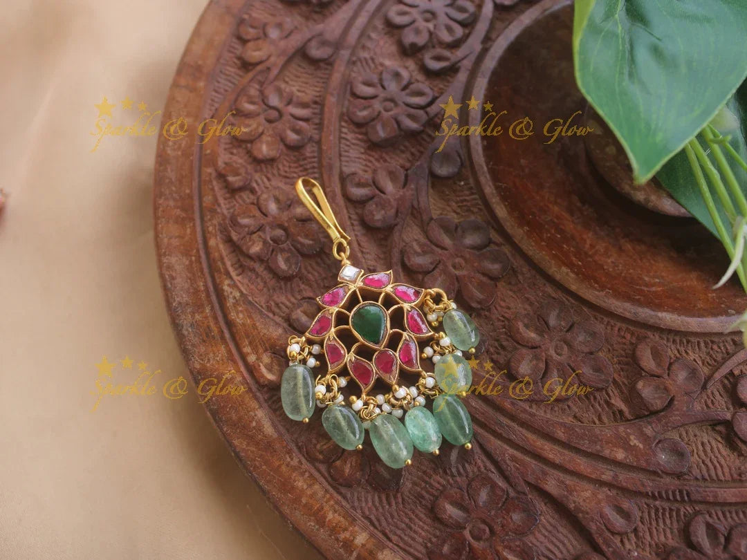 Elegant jadau maang tikka with mint green beads - Sparkle and Glow