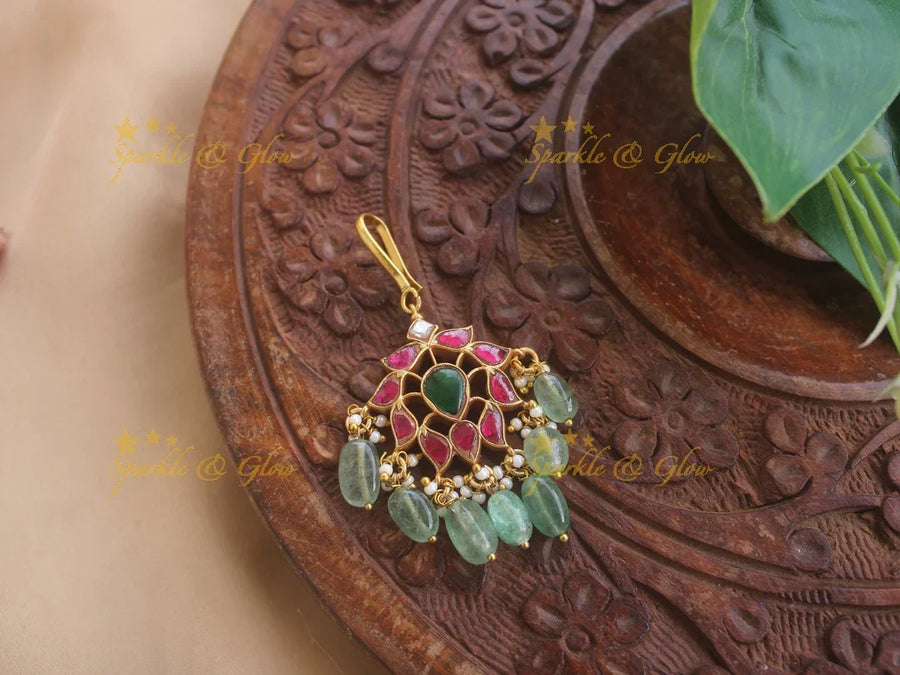 Elegant jadau maang tikka with mint green beads - Sparkle and Glow