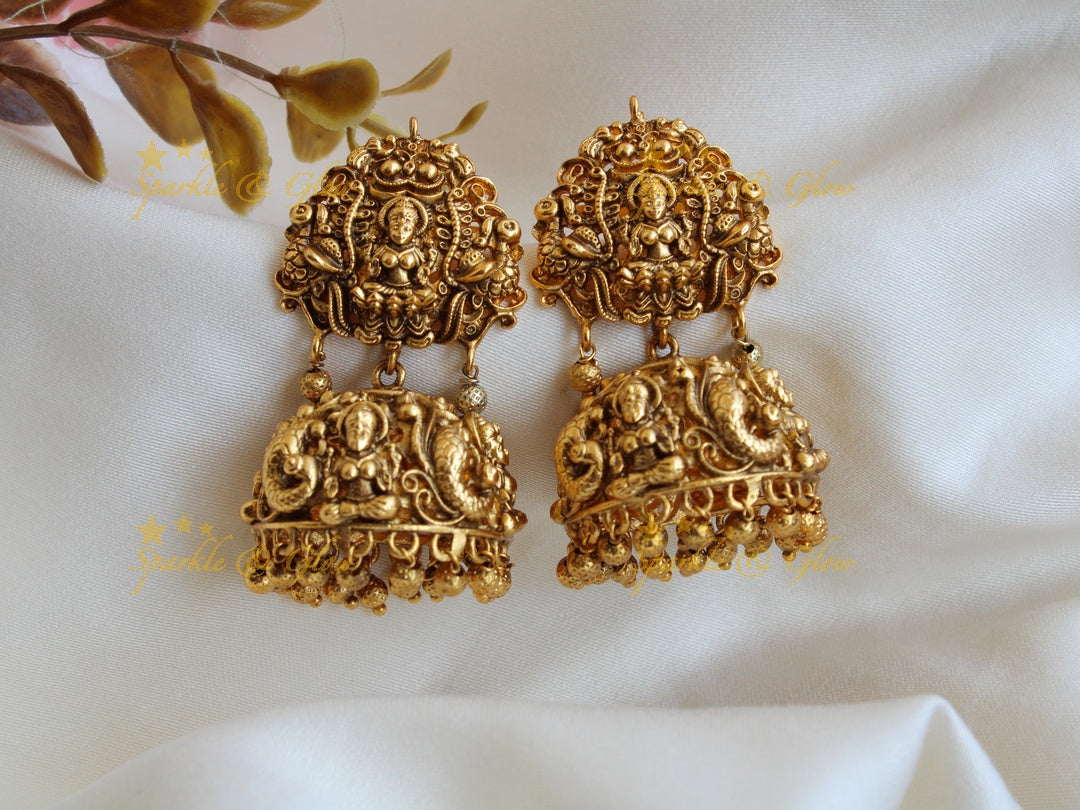 Beautiful Lakshmi peacock carved gold alike jhumukas with gold beads
