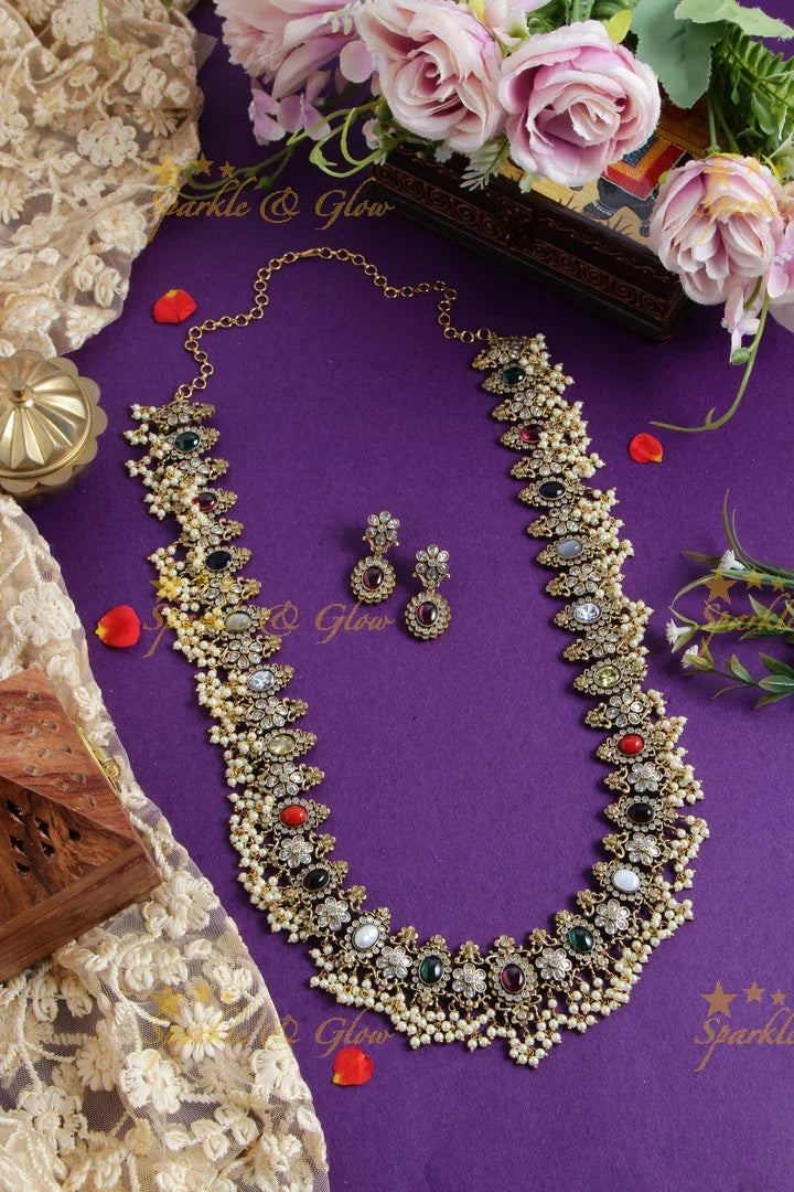 Gorgeous navarathna gutta pusalu Victorian AD long necklace - Sparkle and Glow