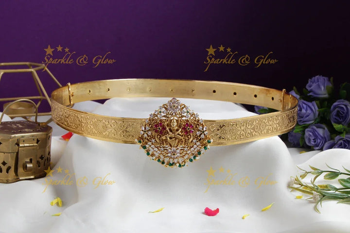 Exquisite Narasimha carved gold alike hipbelt with multi colour stones green beads - Sparkle and Glow
