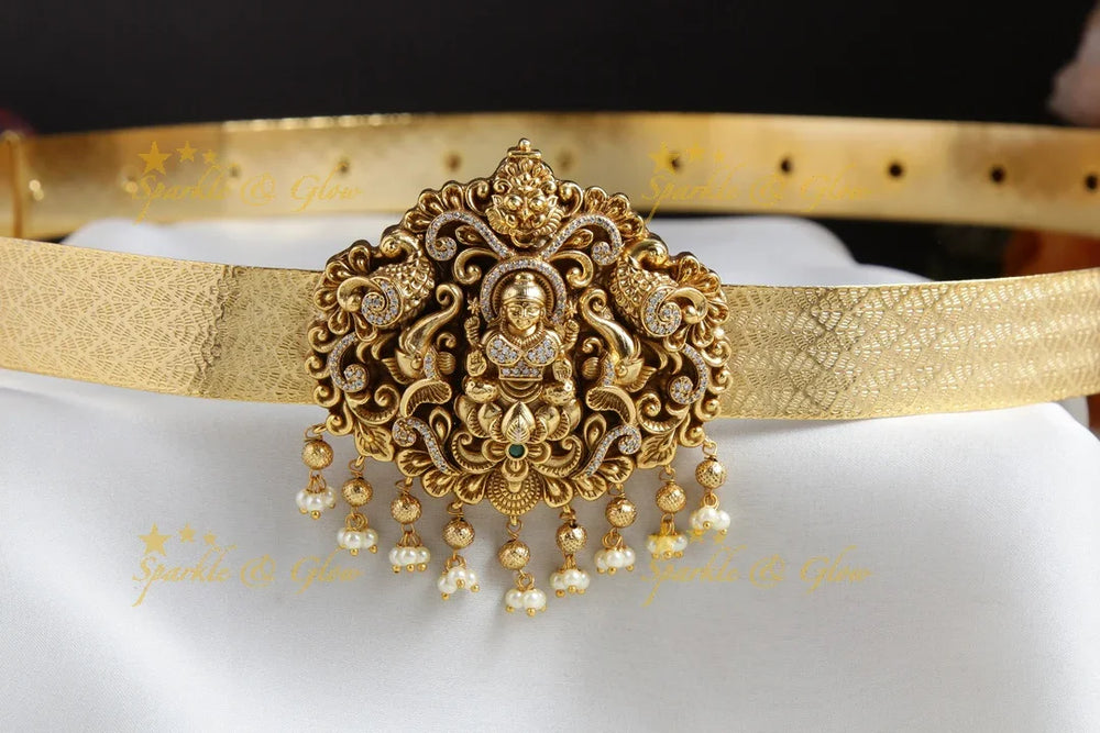 Beautiful Lakshmi elephant carved gold alike hipbelt with cz stones and gold beads - Sparkle and Glow