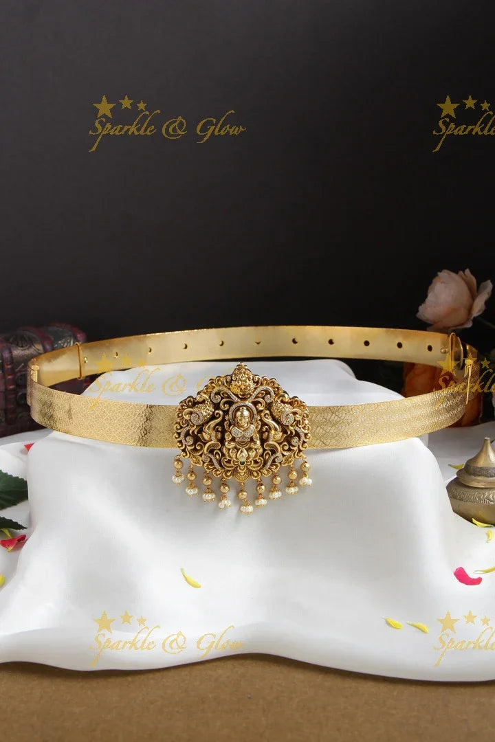 Beautiful Lakshmi elephant carved gold alike hipbelt with cz stones and gold beads - Sparkle and Glow