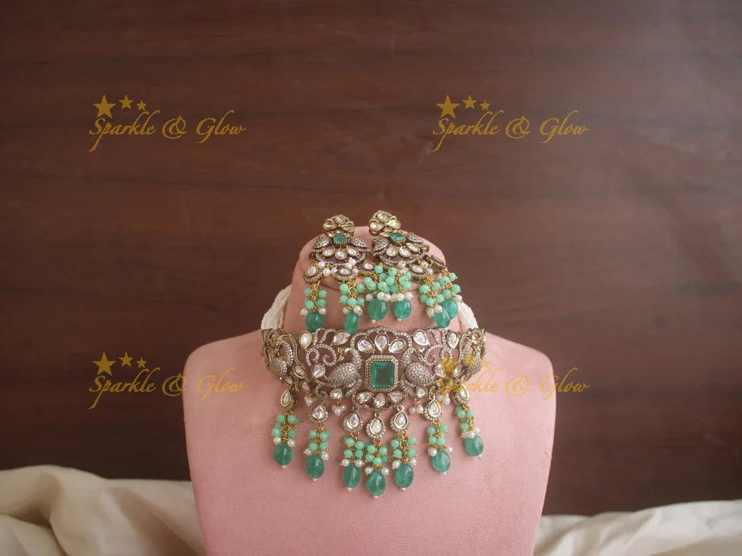 Beautiful peacock carved Victorian AD choker with multi layer pearls and green beads - Sparkle and Glow