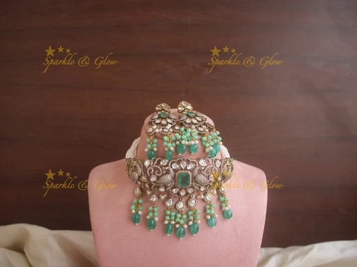 Beautiful peacock carved Victorian AD choker with multi layer pearls and green beads - Sparkle and Glow