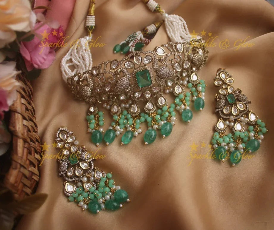 Beautiful peacock carved Victorian AD choker with multi layer pearls and green beads - Sparkle and Glow