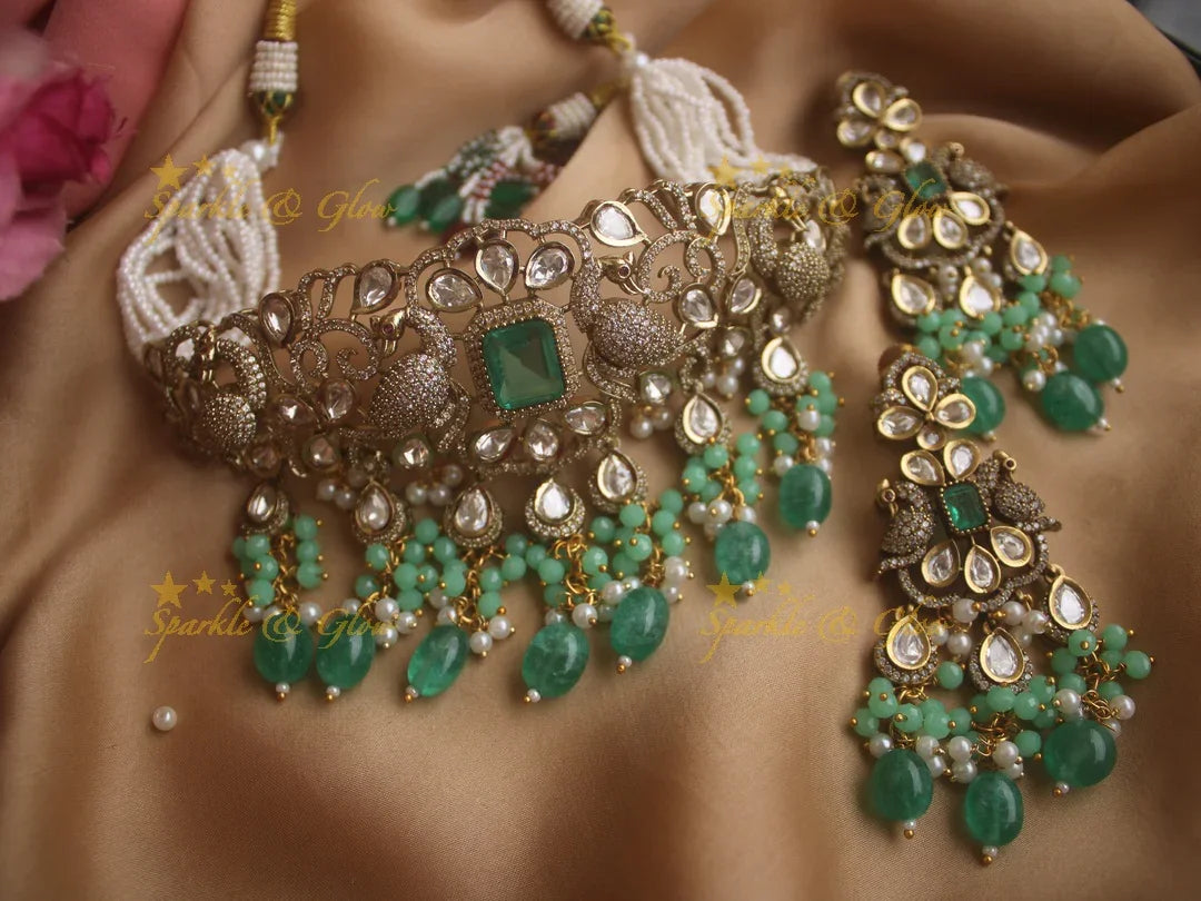 Beautiful peacock carved Victorian AD choker with multi layer pearls and green beads - Sparkle and Glow