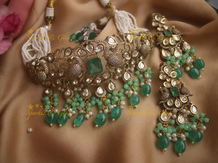 Beautiful peacock carved Victorian AD choker with multi layer pearls and green beads - Sparkle and Glow
