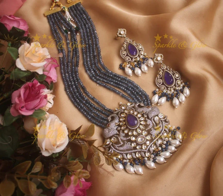 Statement elephant carved pendent Victorian AD haram with multi layer green beads chain - Sparkle and Glow