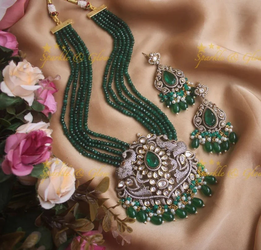 Statement elephant carved pendent Victorian AD haram with multi layer green beads chain - Sparkle and Glow