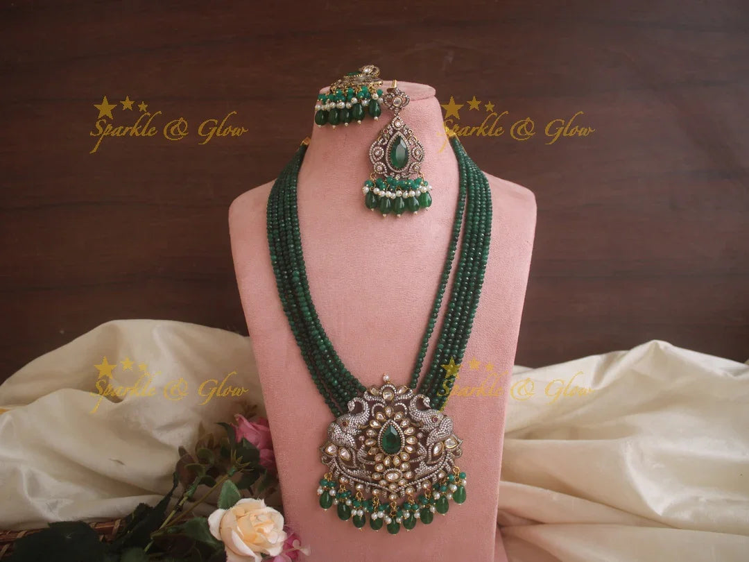 Statement elephant carved pendent Victorian AD haram with multi layer green beads chain - Sparkle and Glow