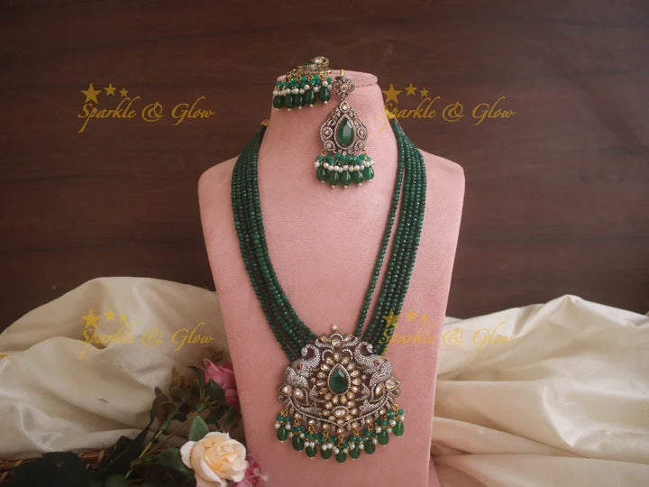 Statement elephant carved pendent Victorian AD haram with multi layer green beads chain - Sparkle and Glow