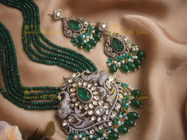 Statement elephant carved pendent Victorian AD haram with multi layer green beads chain - Sparkle and Glow