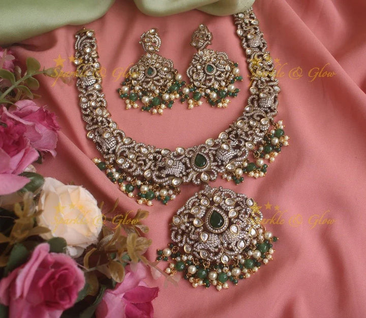 Gorgeous Elephant carved Victorian AD necklace with pearls and green beads - Sparkle and Glow