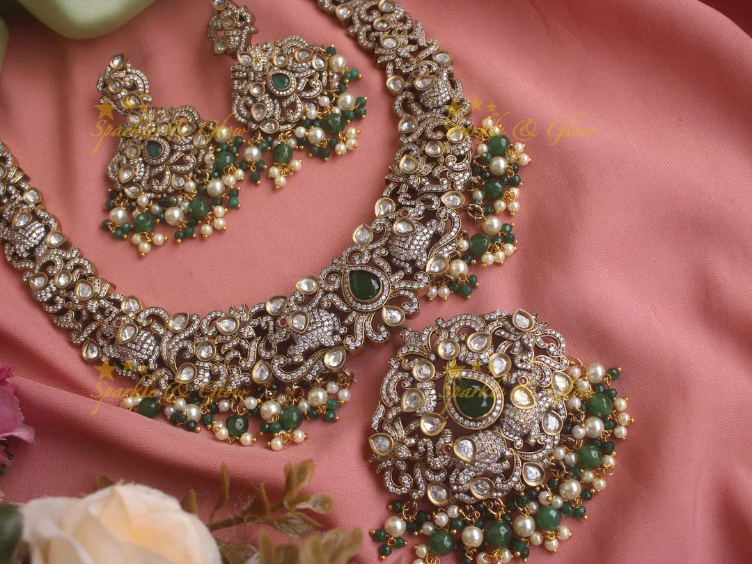 Gorgeous Elephant carved Victorian AD necklace with pearls and green beads - Sparkle and Glow