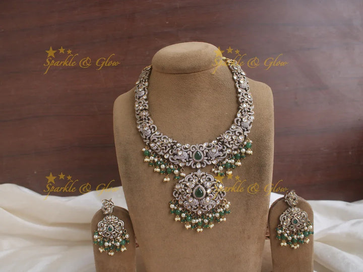 Gorgeous Elephant carved Victorian AD necklace with pearls and green beads - Sparkle and Glow