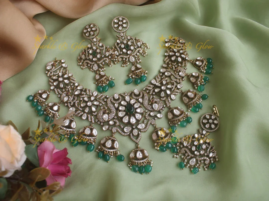 Beautiful peacock design Victorian AD necklace with green beads and with mang tikka - Sparkle and Glow