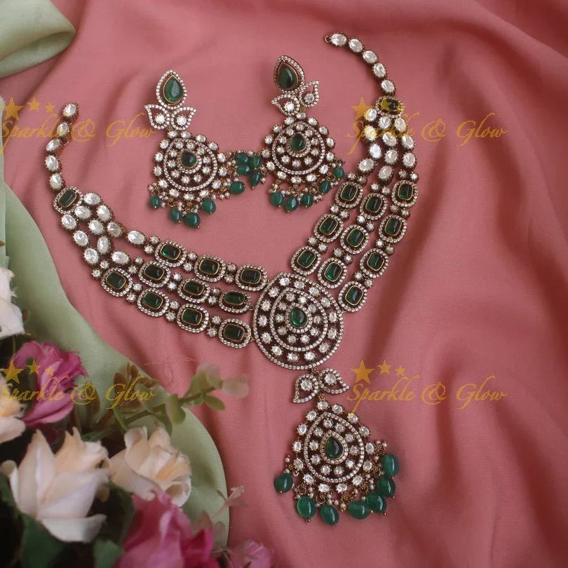 Grand layered Victorian AD necklace with Green colour stones and beads - Sparkle and Glow