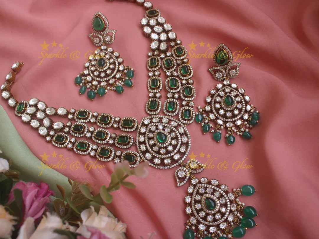 Grand layered Victorian AD necklace with Green colour stones and beads - Sparkle and Glow